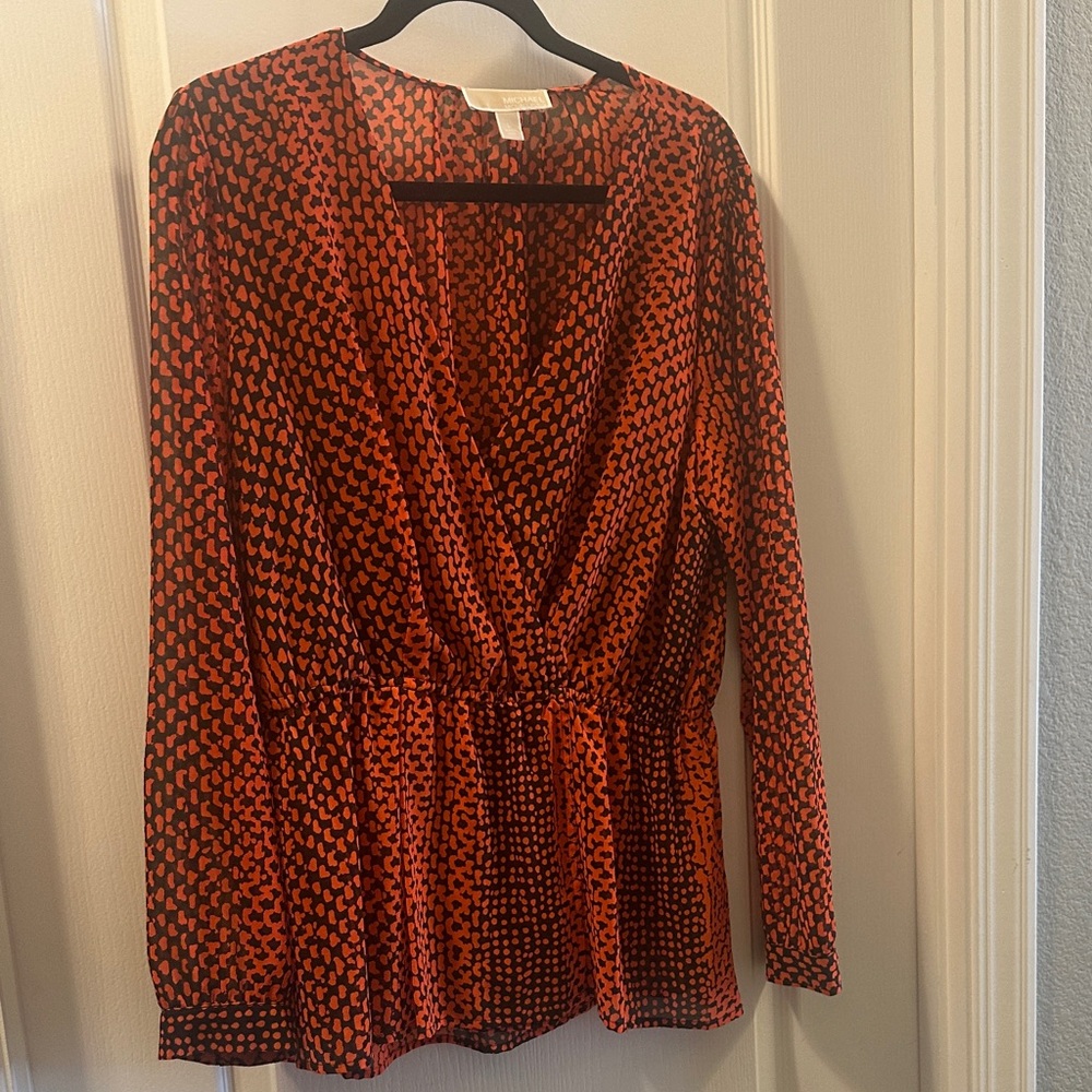 Michael Kors Red and Black Patterned Wrap Blouse